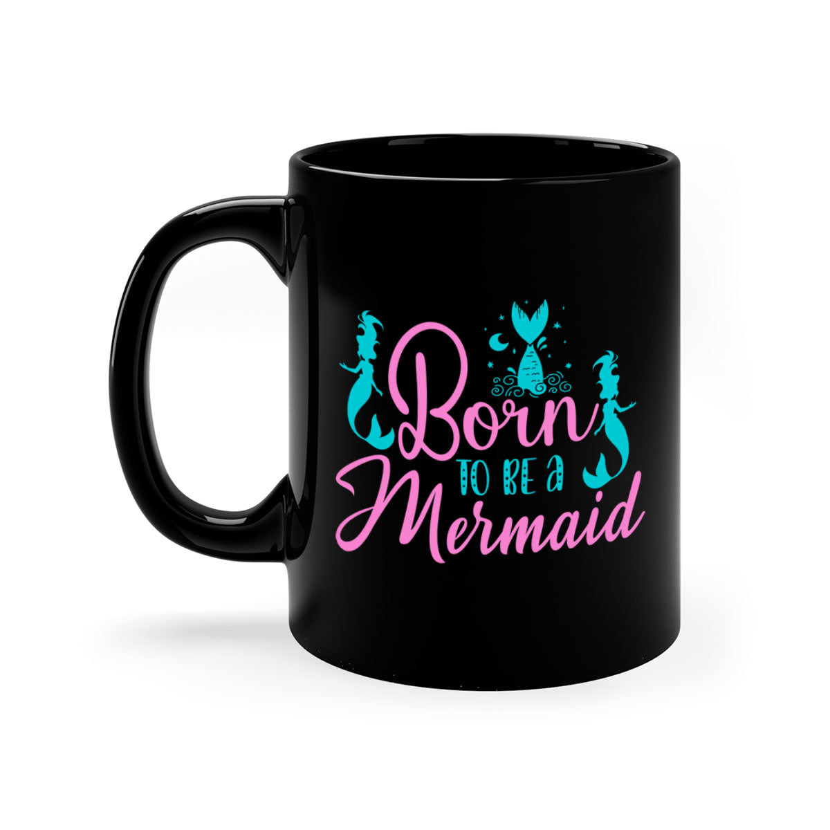 Born To Be A Mermaid mug featuring a glossy finish, colored handle, and interior, available in five vibrant colors.