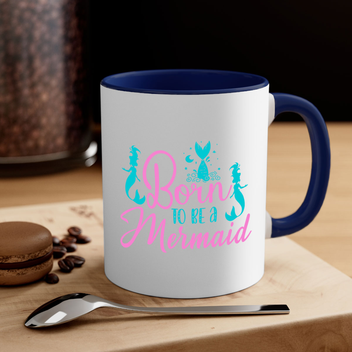 Born To Be A Mermaid mug featuring a glossy finish, colored handle, and interior, available in five vibrant colors.