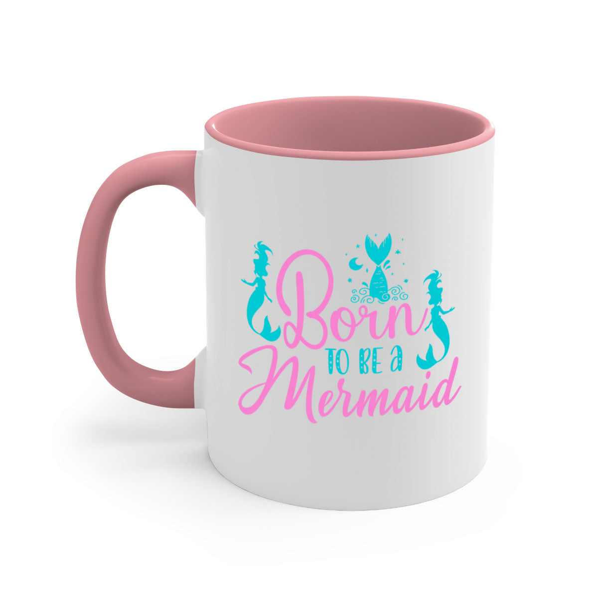 Born To Be A Mermaid mug featuring a glossy finish, colored handle, and interior, available in five vibrant colors.