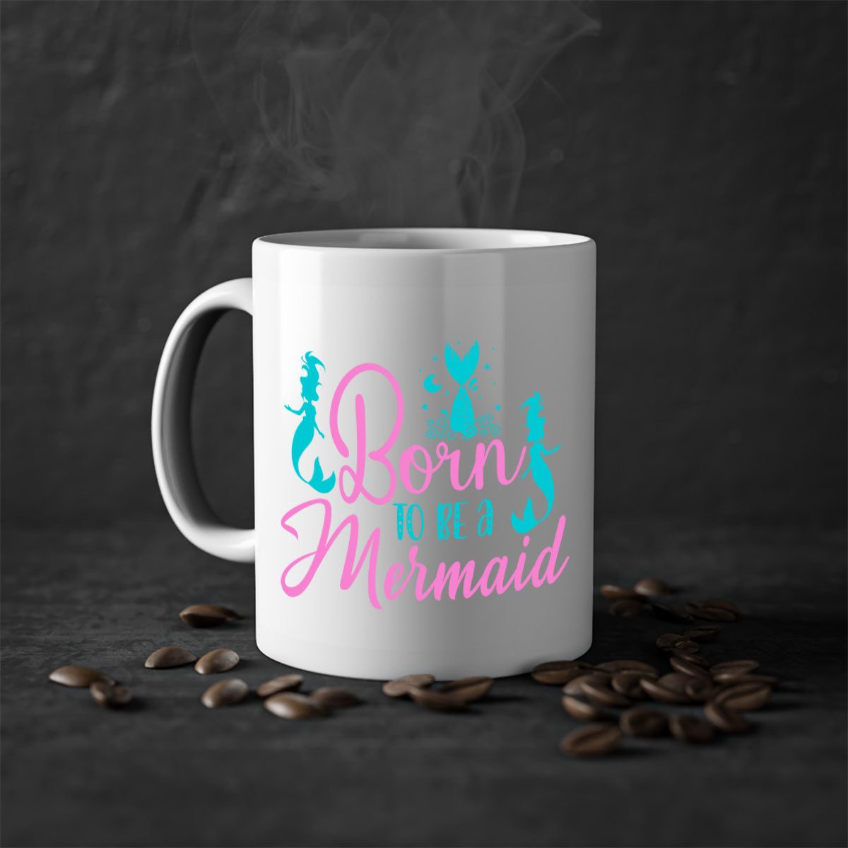 Born To Be A Mermaid mug featuring a glossy finish, colored handle, and interior, available in five vibrant colors.