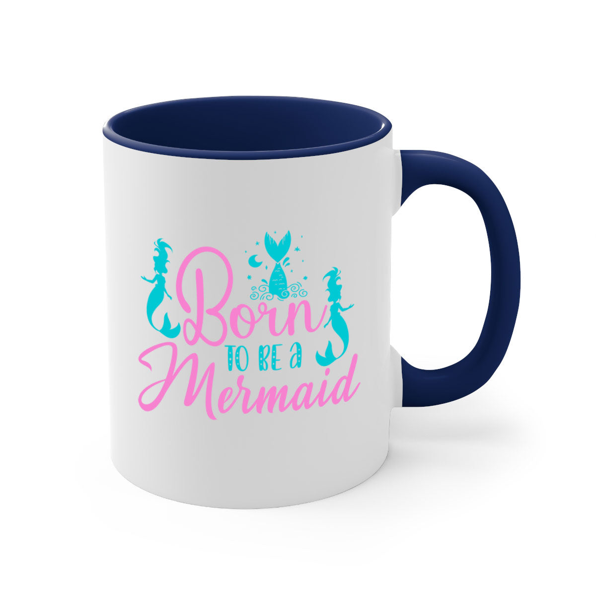 Born To Be A Mermaid mug featuring a glossy finish, colored handle, and interior, available in five vibrant colors.