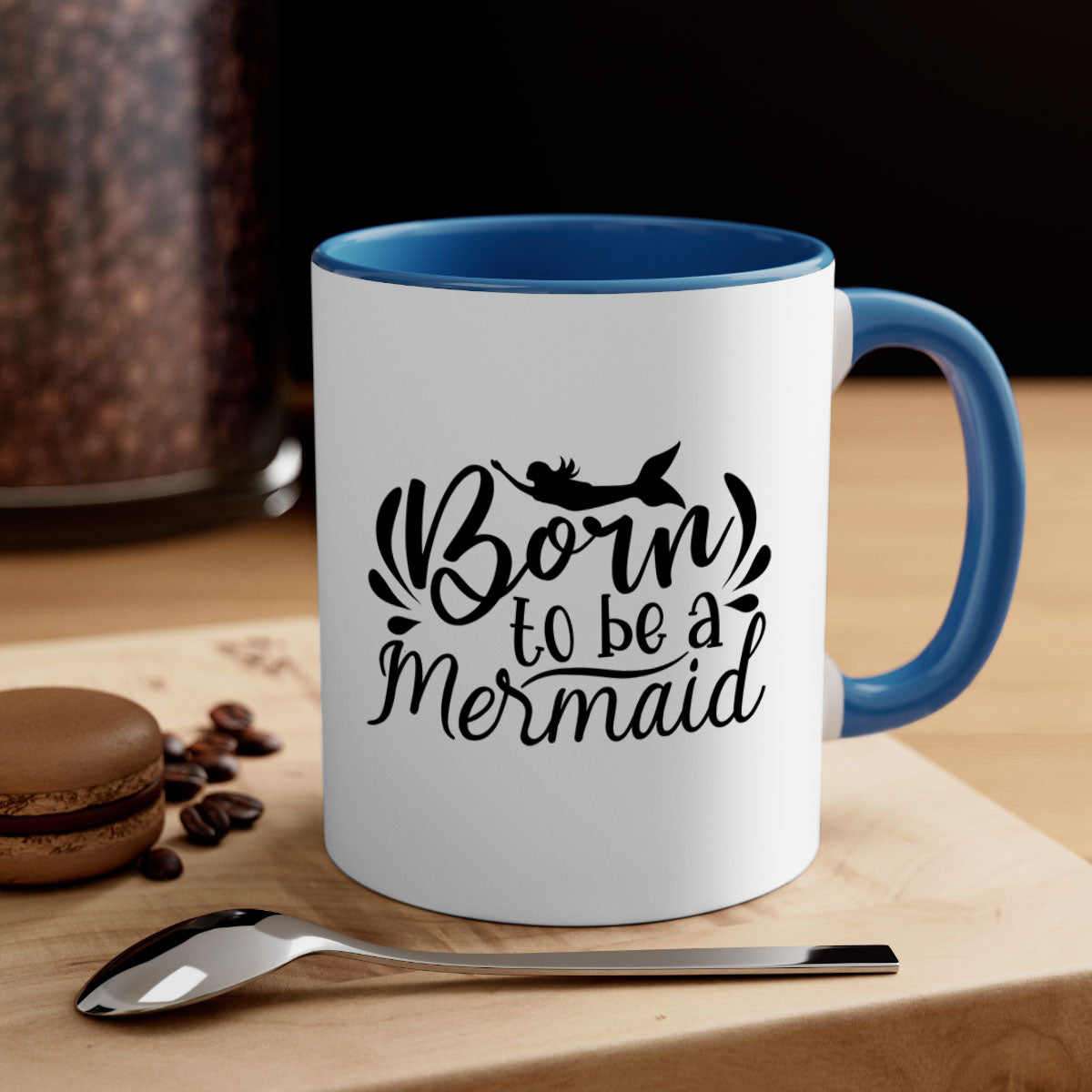 Born To Be A Mermaid Mug featuring a glossy finish, colorful handle, and interior, available in multiple colors and sizes.