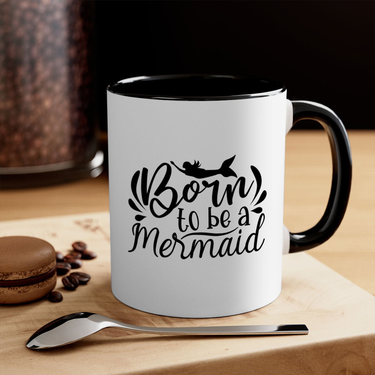 Born To Be A Mermaid Mug featuring a glossy finish, colorful handle, and interior, available in multiple colors and sizes.