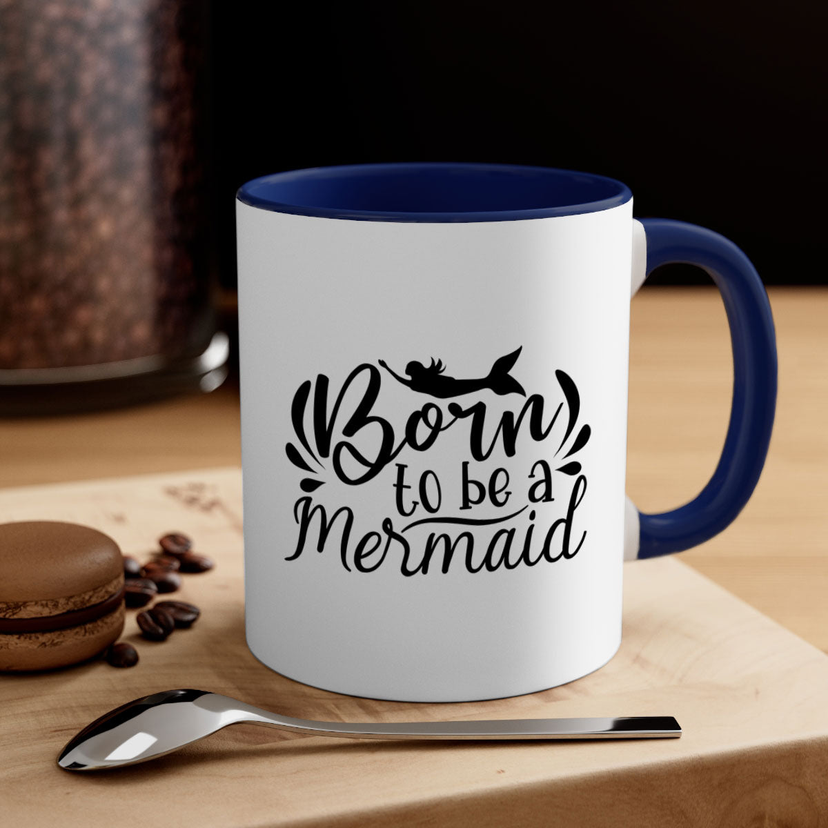 Born To Be A Mermaid Mug featuring a glossy finish, colorful handle, and interior, available in multiple colors and sizes.