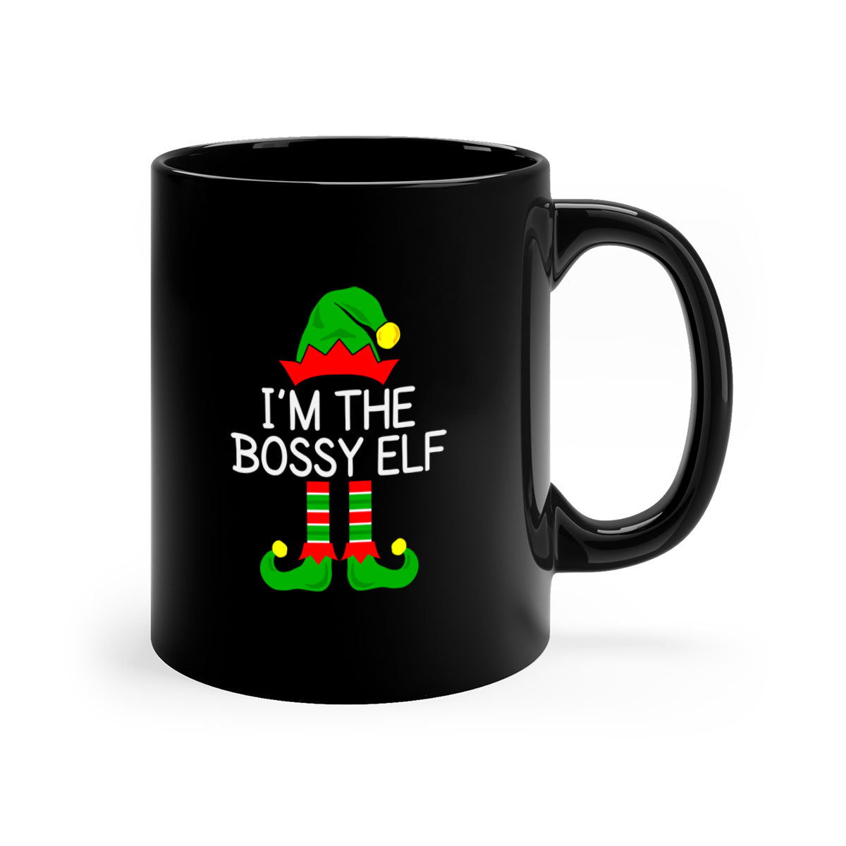 Bossyelf Style 2# Christmas Mug with colorful handle and glossy finish, available in multiple colors and sizes.