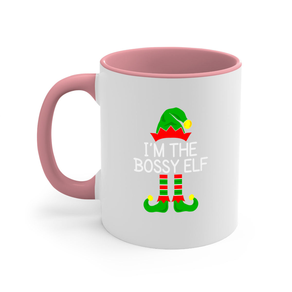 Bossyelf Style 2# Christmas Mug with colorful handle and glossy finish, available in multiple colors and sizes.