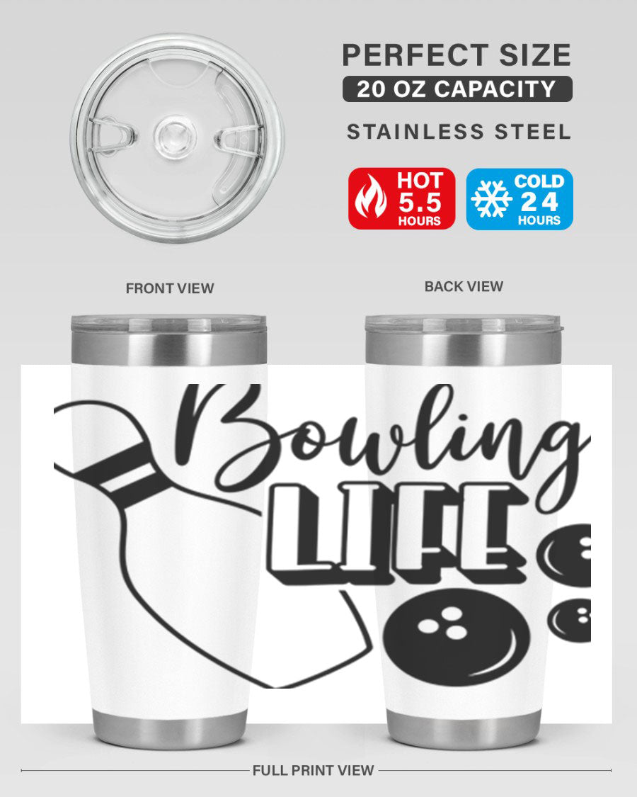 Bowling Life 1405# Tumbler in stainless steel with a drink-thru lid, showcasing its sleek design and vibrant print.