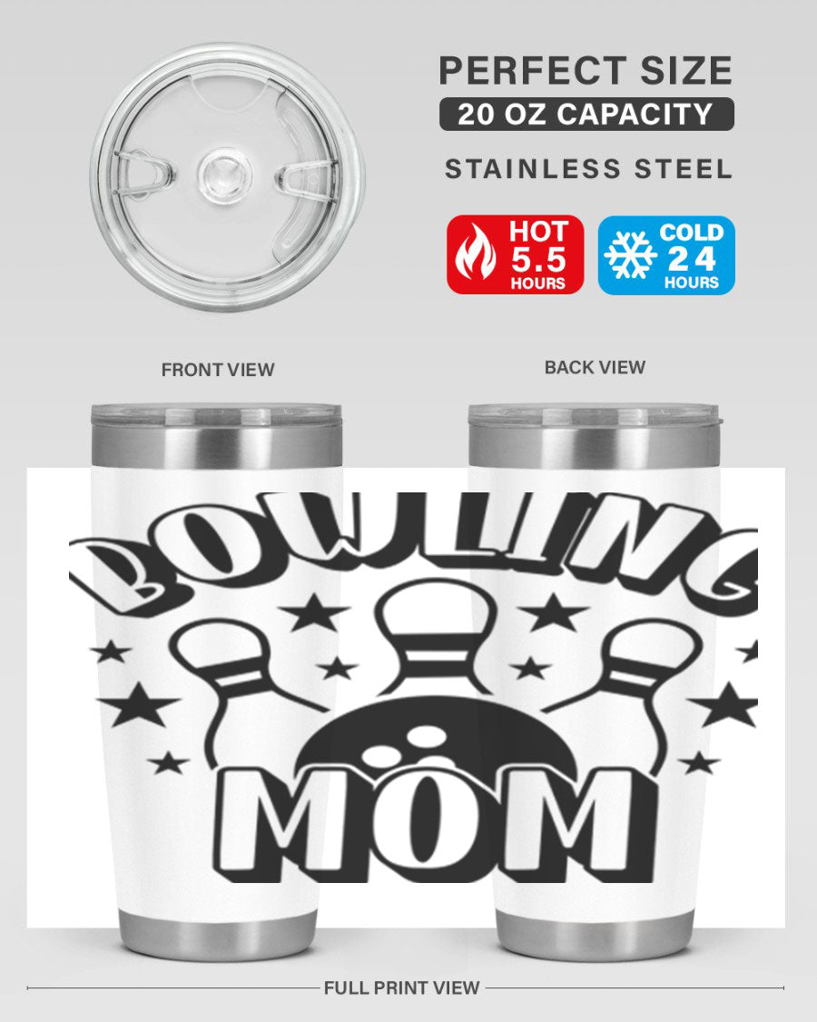 Bowling Mom 1404# Tumbler in stainless steel with vibrant print, showcasing its double wall vacuum design and drink-thru lid.