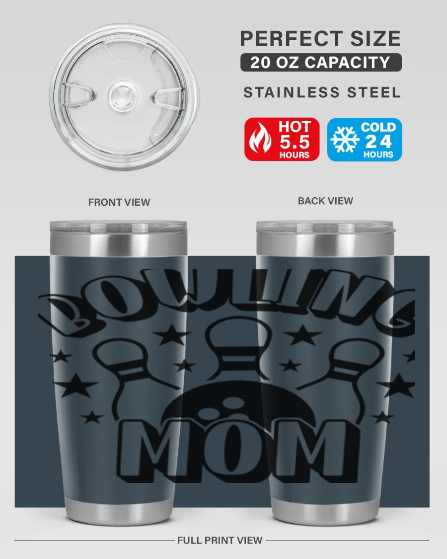 Bowling Mom 1404# Tumbler in stainless steel with vibrant print, showcasing its double wall vacuum design and drink-thru lid.