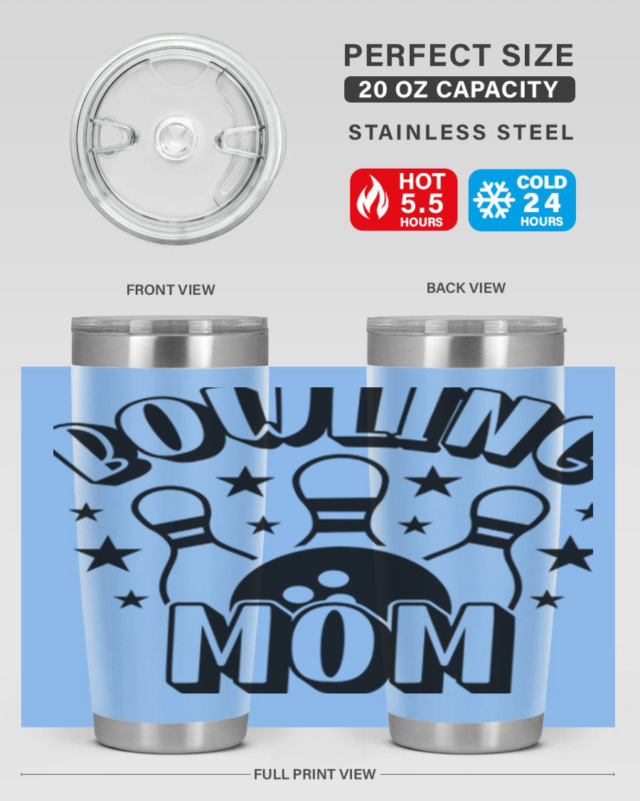 Bowling Mom 1404# Tumbler in stainless steel with vibrant print, showcasing its double wall vacuum design and drink-thru lid.
