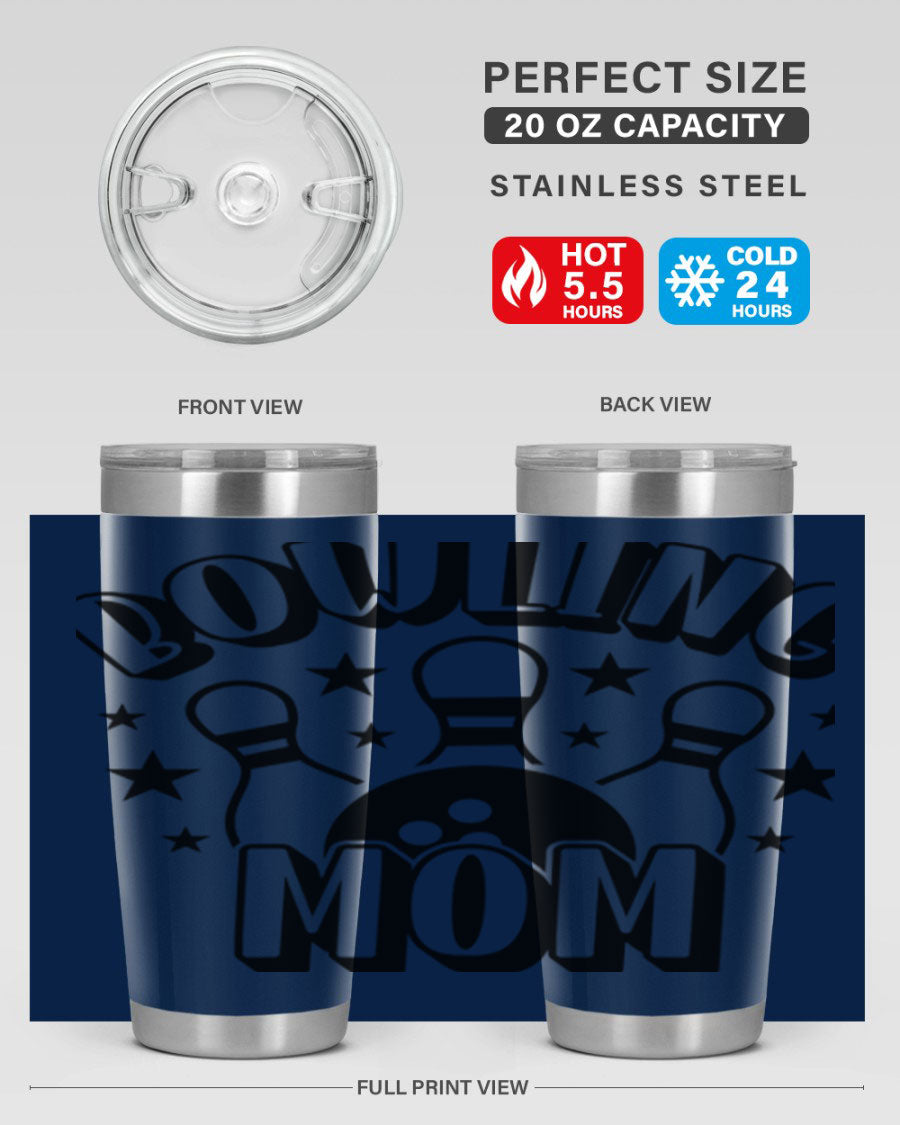 Bowling Mom 1404# Tumbler in stainless steel with vibrant print, showcasing its double wall vacuum design and drink-thru lid.