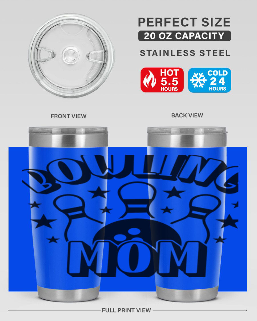 Bowling Mom 1404# Tumbler in stainless steel with vibrant print, showcasing its double wall vacuum design and drink-thru lid.