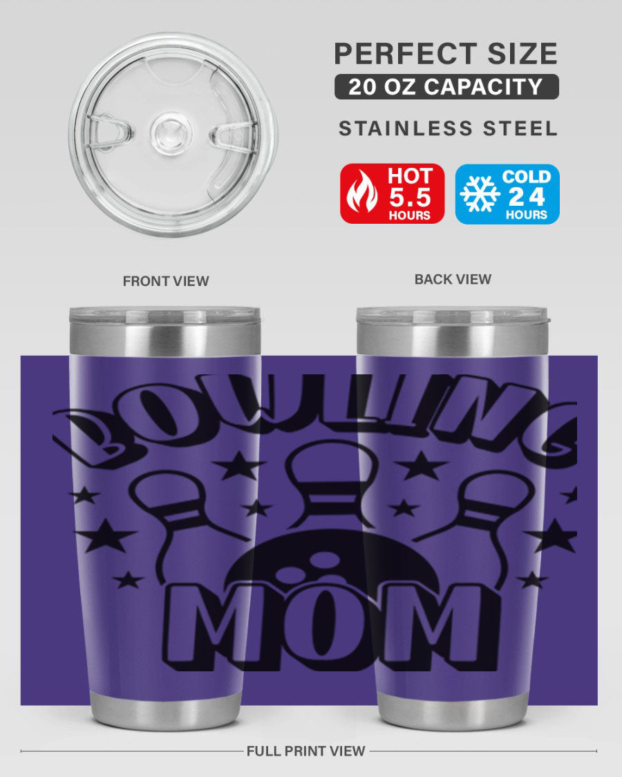 Bowling Mom 1404# Tumbler in stainless steel with vibrant print, showcasing its double wall vacuum design and drink-thru lid.