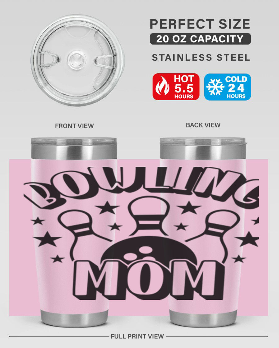 Bowling Mom 1404# Tumbler in stainless steel with vibrant print, showcasing its double wall vacuum design and drink-thru lid.