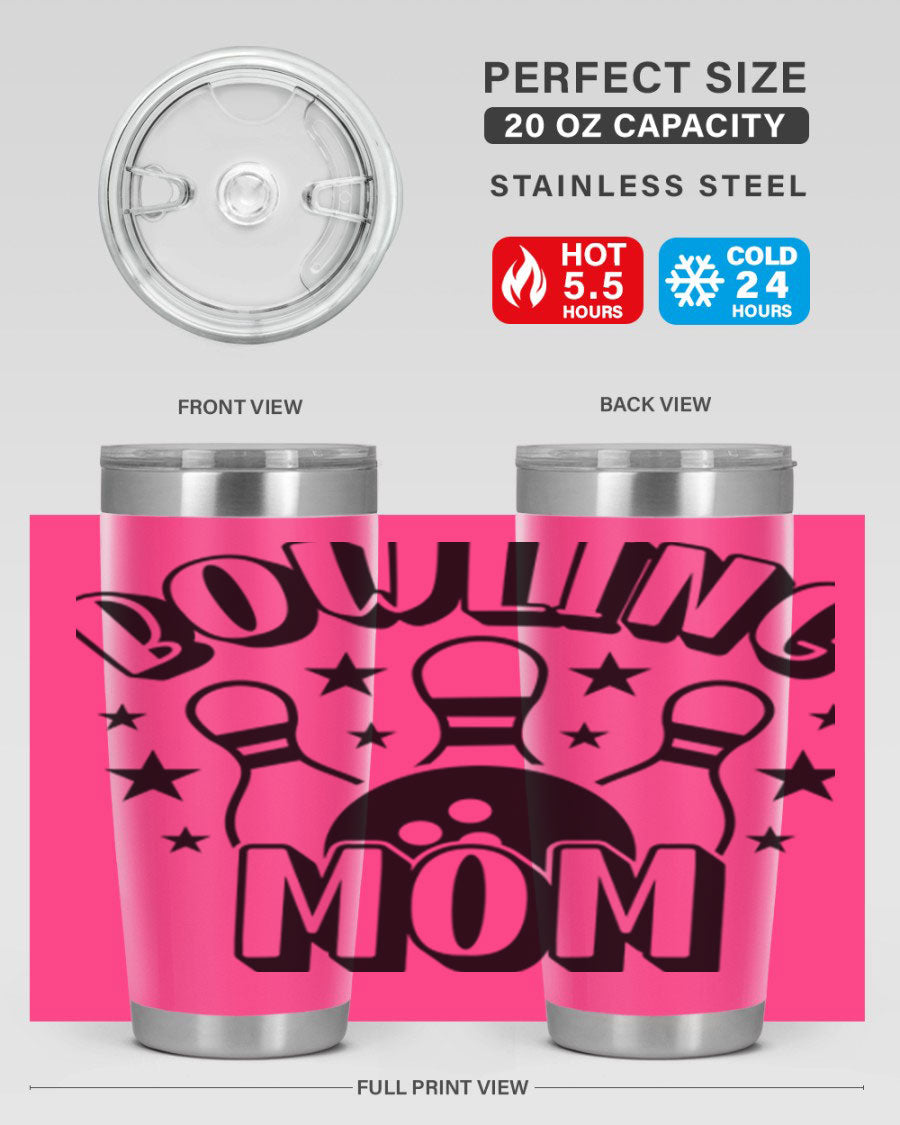 Bowling Mom 1404# Tumbler in stainless steel with vibrant print, showcasing its double wall vacuum design and drink-thru lid.
