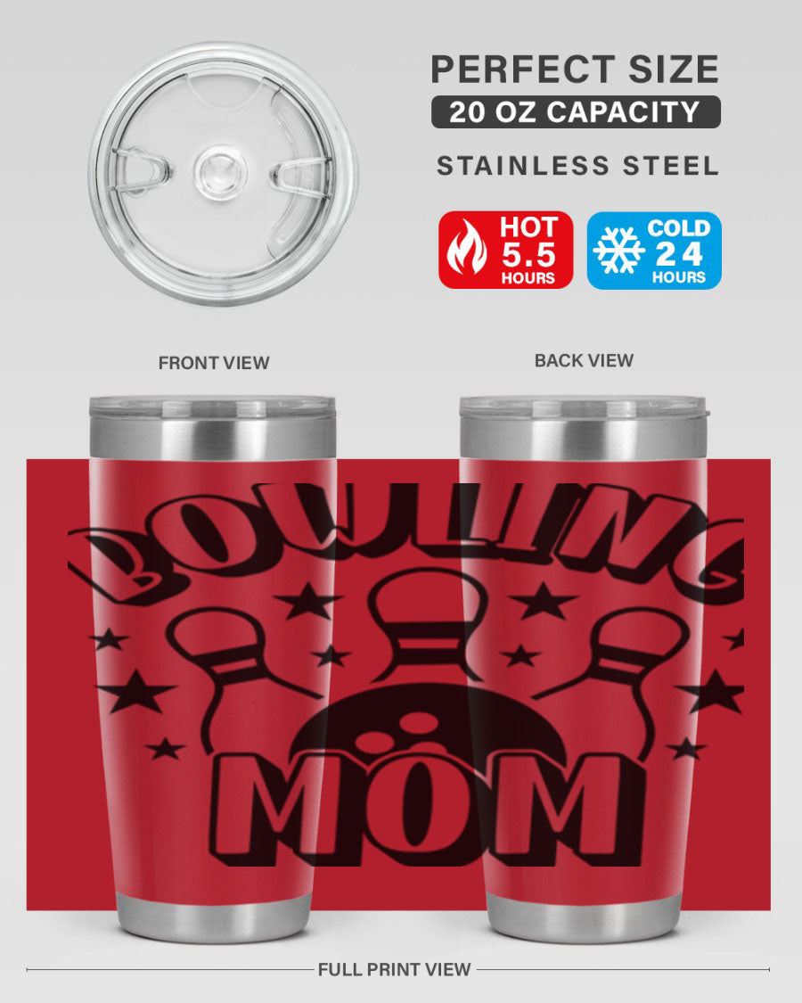 Bowling Mom 1404# Tumbler in stainless steel with vibrant print, showcasing its double wall vacuum design and drink-thru lid.