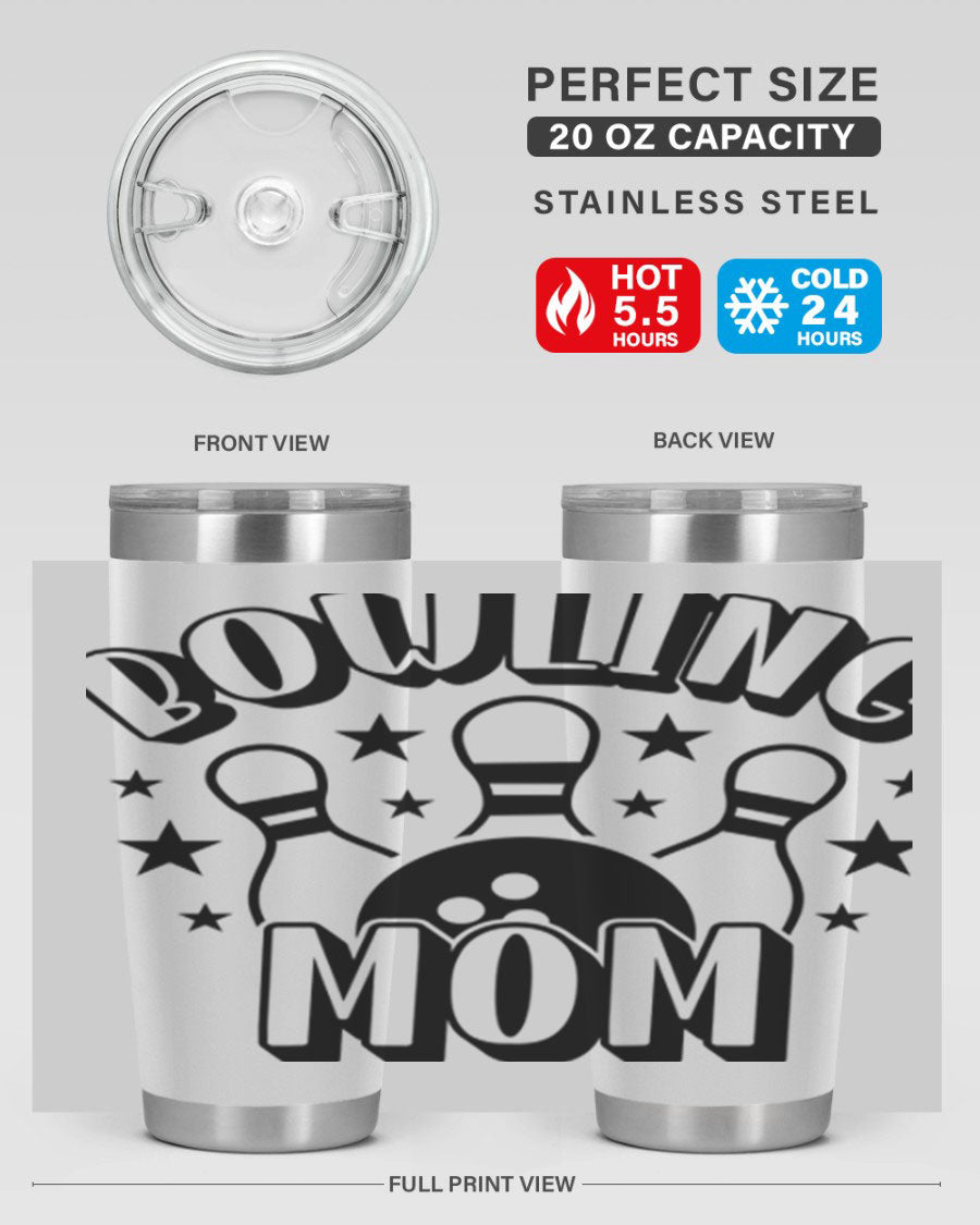 Bowling Mom 1404# Tumbler in stainless steel with vibrant print, showcasing its double wall vacuum design and drink-thru lid.