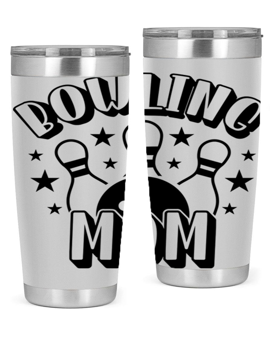Bowling Mom 1404# Tumbler in stainless steel with vibrant print, showcasing its double wall vacuum design and drink-thru lid.