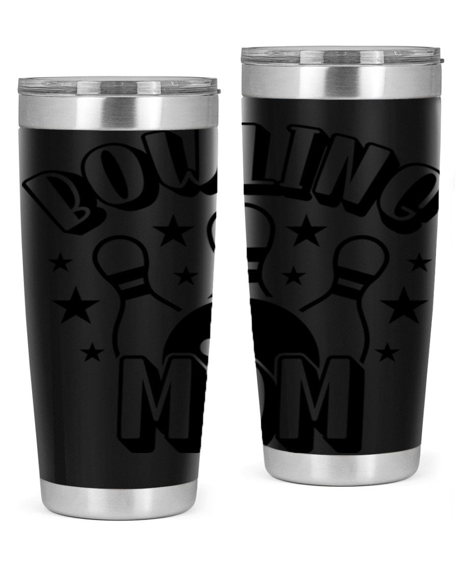 Bowling Mom 1404# Tumbler in stainless steel with vibrant print, showcasing its double wall vacuum design and drink-thru lid.