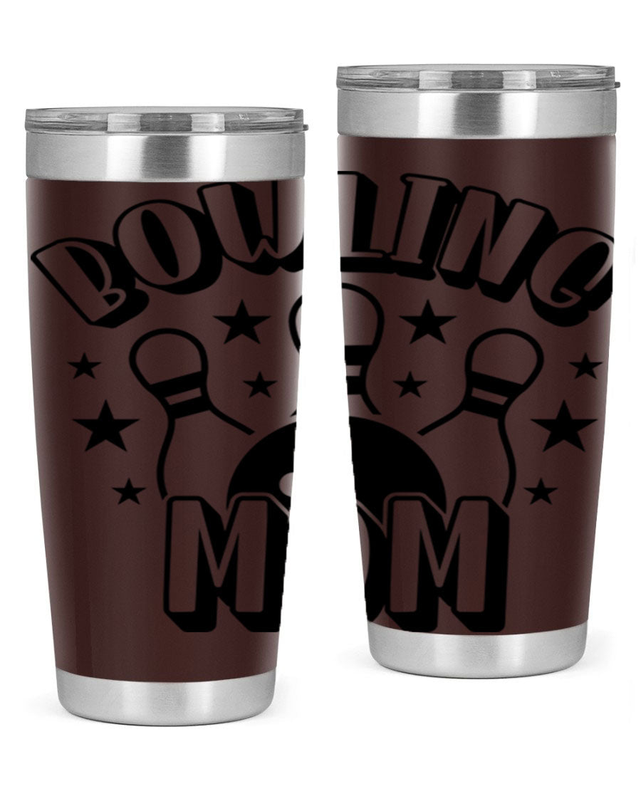 Bowling Mom 1404# Tumbler in stainless steel with vibrant print, showcasing its double wall vacuum design and drink-thru lid.