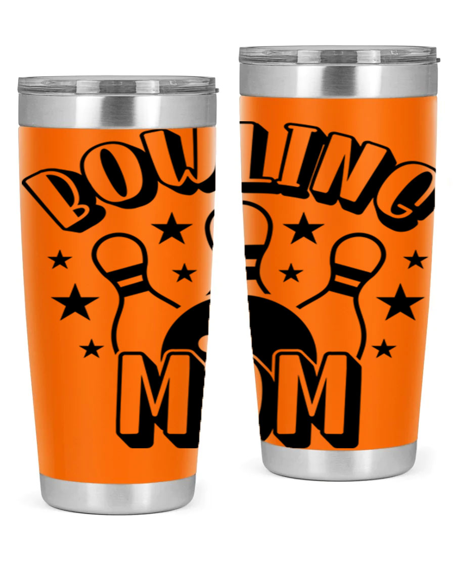 Bowling Mom 1404# Tumbler in stainless steel with vibrant print, showcasing its double wall vacuum design and drink-thru lid.