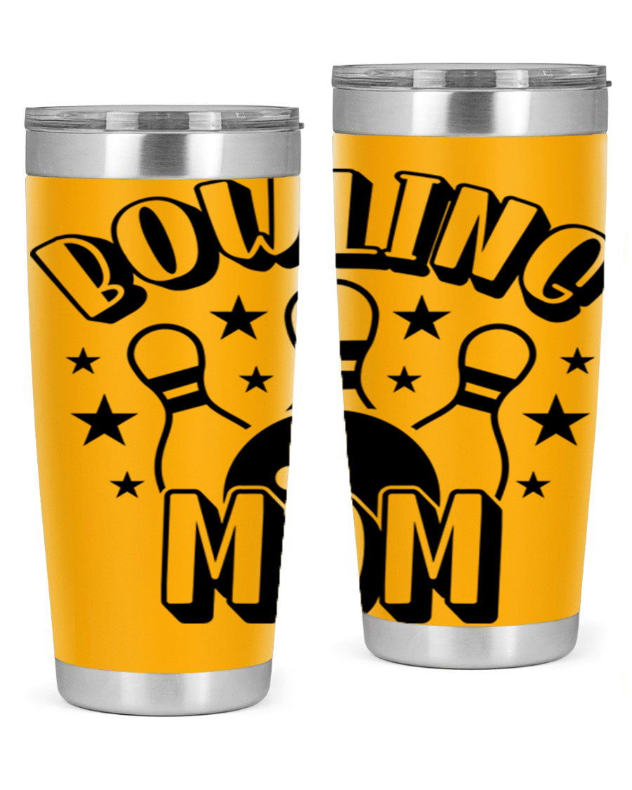 Bowling Mom 1404# Tumbler in stainless steel with vibrant print, showcasing its double wall vacuum design and drink-thru lid.