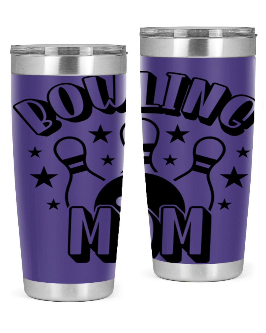 Bowling Mom 1404# Tumbler in stainless steel with vibrant print, showcasing its double wall vacuum design and drink-thru lid.