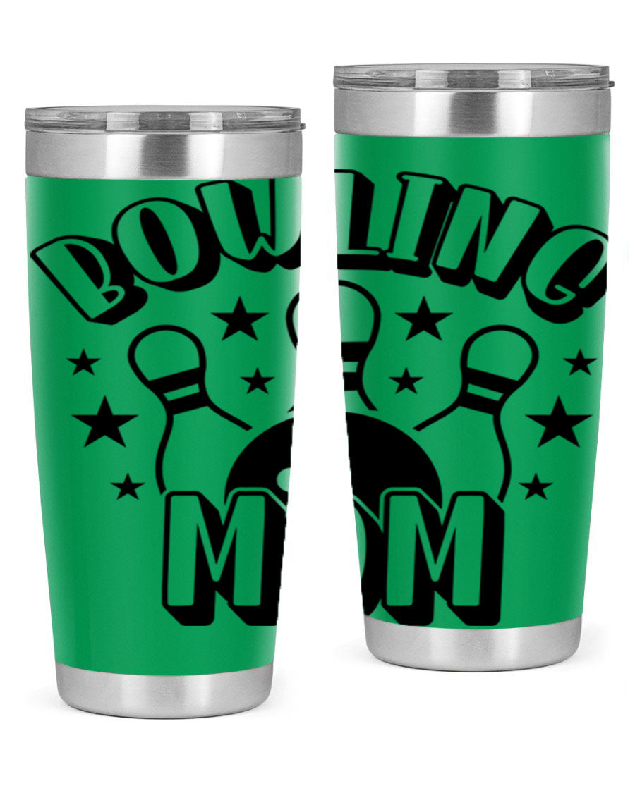 Bowling Mom 1404# Tumbler in stainless steel with vibrant print, showcasing its double wall vacuum design and drink-thru lid.