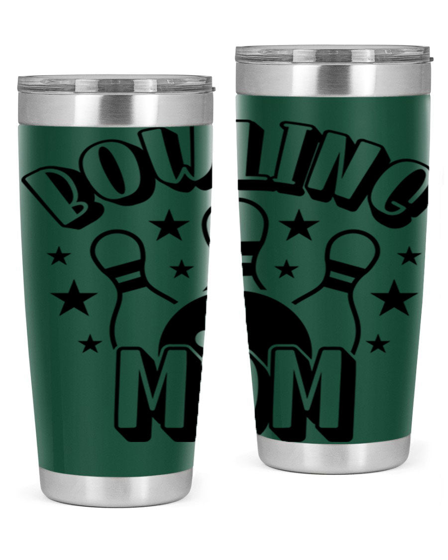 Bowling Mom 1404# Tumbler in stainless steel with vibrant print, showcasing its double wall vacuum design and drink-thru lid.