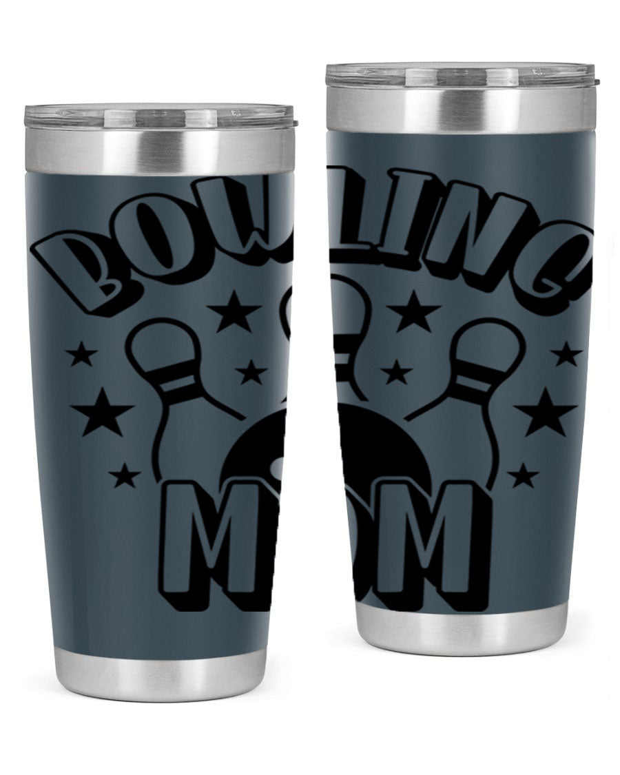 Bowling Mom 1404# Tumbler in stainless steel with vibrant print, showcasing its double wall vacuum design and drink-thru lid.