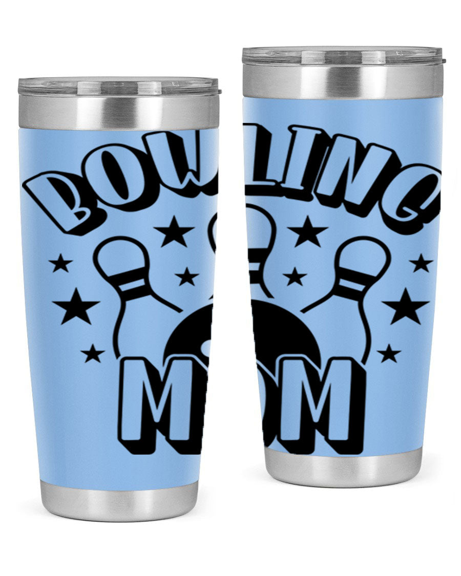 Bowling Mom 1404# Tumbler in stainless steel with vibrant print, showcasing its double wall vacuum design and drink-thru lid.