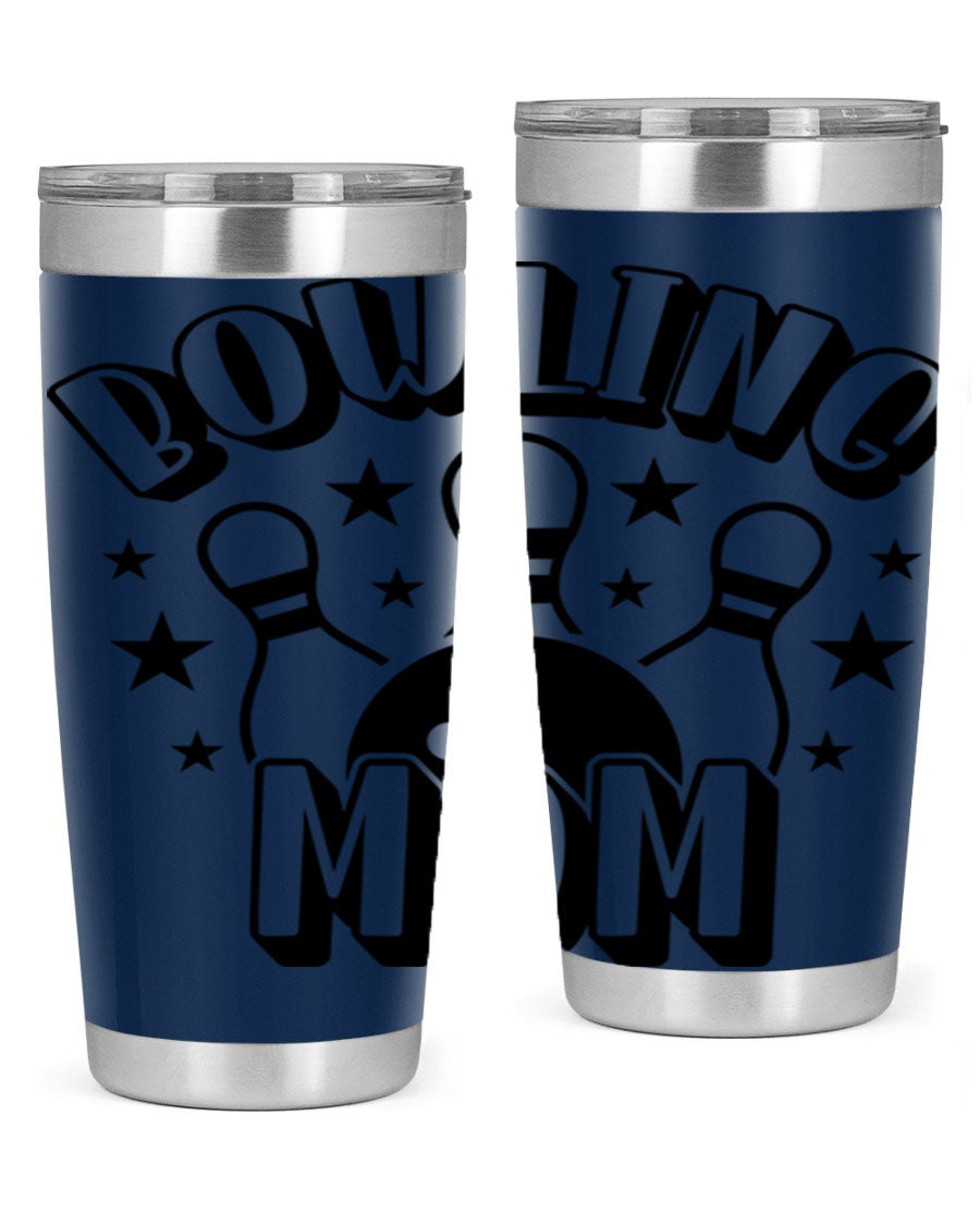Bowling Mom 1404# Tumbler in stainless steel with vibrant print, showcasing its double wall vacuum design and drink-thru lid.