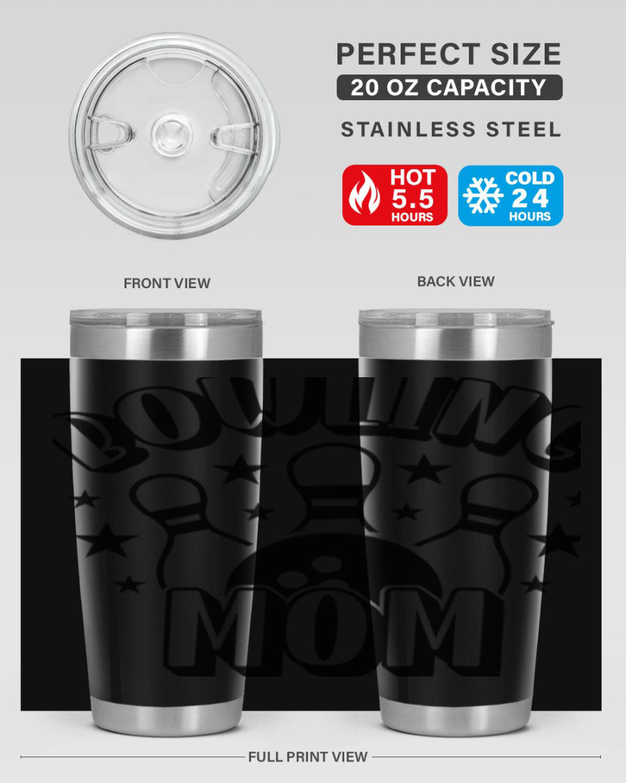 Bowling Mom 1404# Tumbler in stainless steel with vibrant print, showcasing its double wall vacuum design and drink-thru lid.