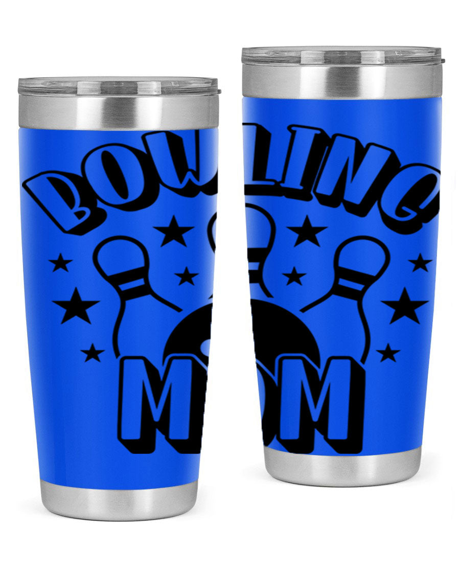 Bowling Mom 1404# Tumbler in stainless steel with vibrant print, showcasing its double wall vacuum design and drink-thru lid.