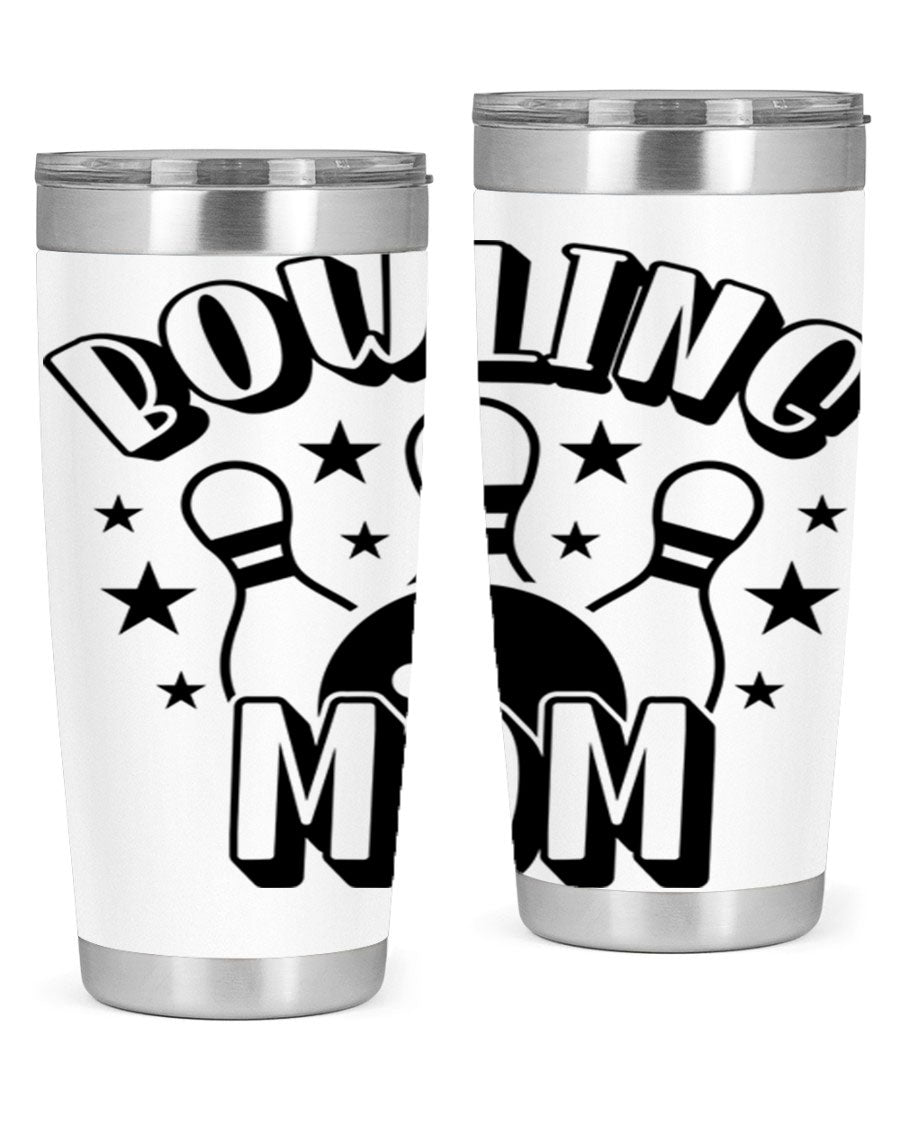 Bowling Mom 1404# Tumbler in stainless steel with vibrant print, showcasing its double wall vacuum design and drink-thru lid.