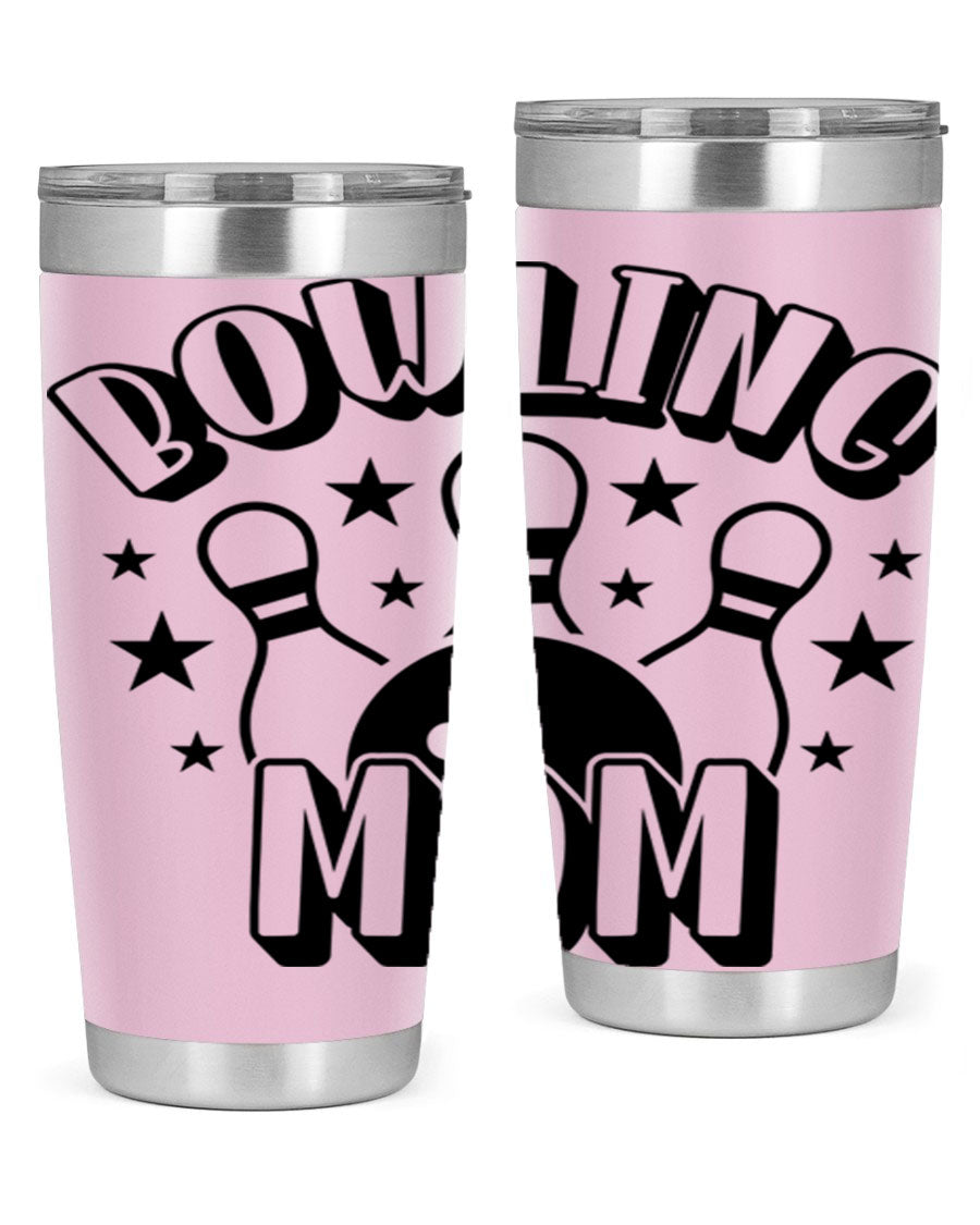 Bowling Mom 1404# Tumbler in stainless steel with vibrant print, showcasing its double wall vacuum design and drink-thru lid.
