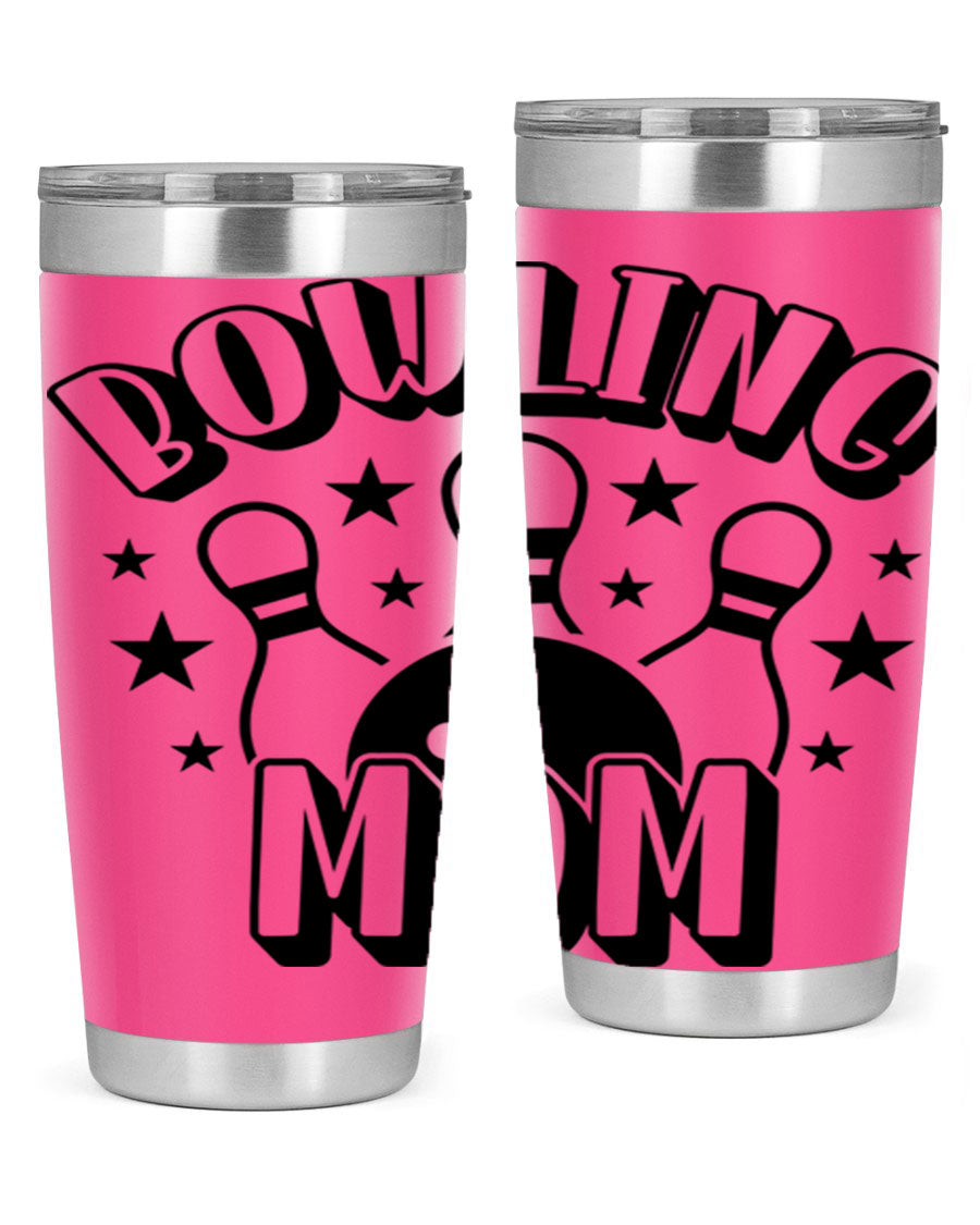 Bowling Mom 1404# Tumbler in stainless steel with vibrant print, showcasing its double wall vacuum design and drink-thru lid.