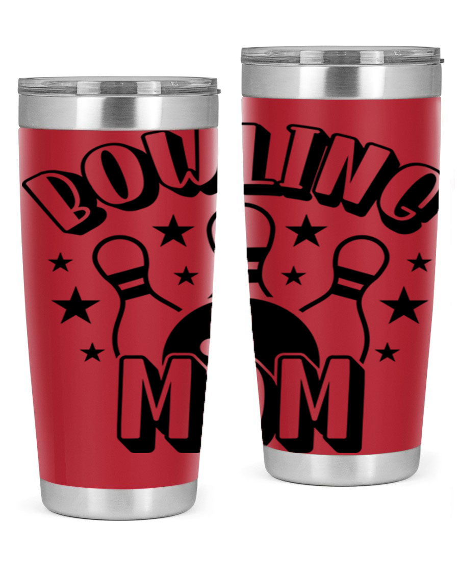 Bowling Mom 1404# Tumbler in stainless steel with vibrant print, showcasing its double wall vacuum design and drink-thru lid.