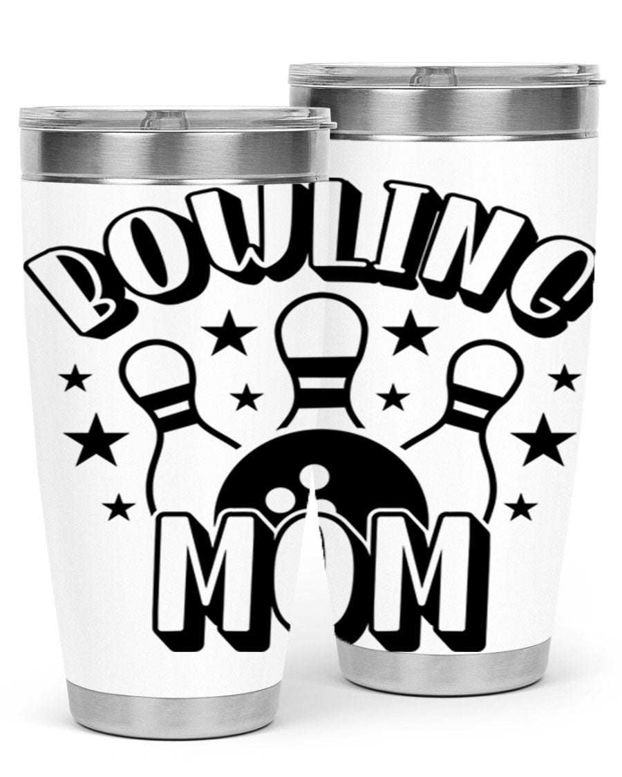 Bowling Mom 1404# Tumbler in stainless steel with vibrant print, showcasing its double wall vacuum design and drink-thru lid.