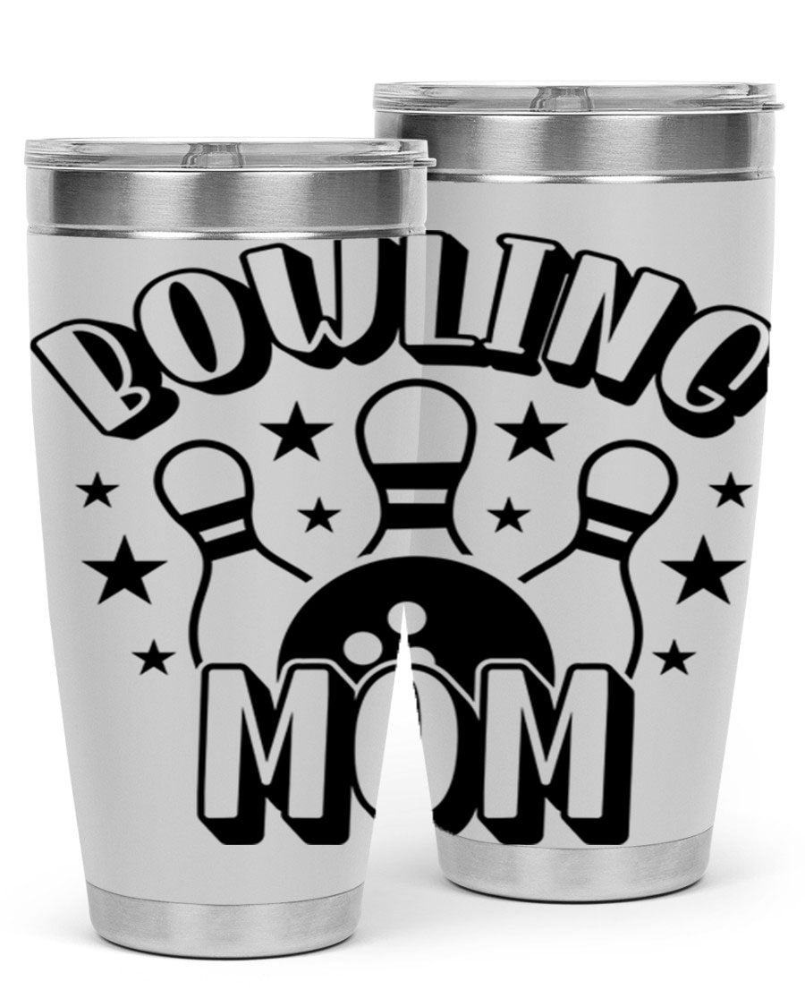 Bowling Mom 1404# Tumbler in stainless steel with vibrant print, showcasing its double wall vacuum design and drink-thru lid.