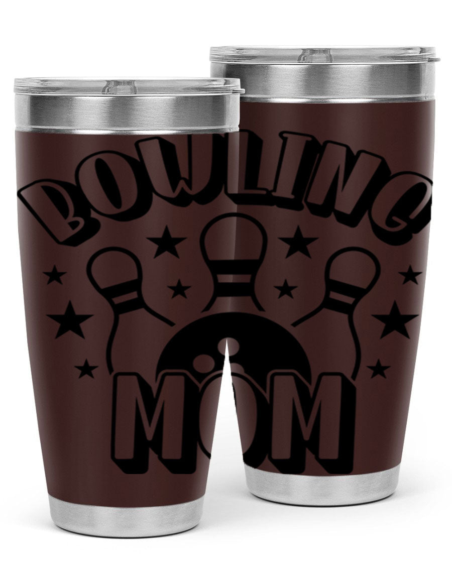 Bowling Mom 1404# Tumbler in stainless steel with vibrant print, showcasing its double wall vacuum design and drink-thru lid.
