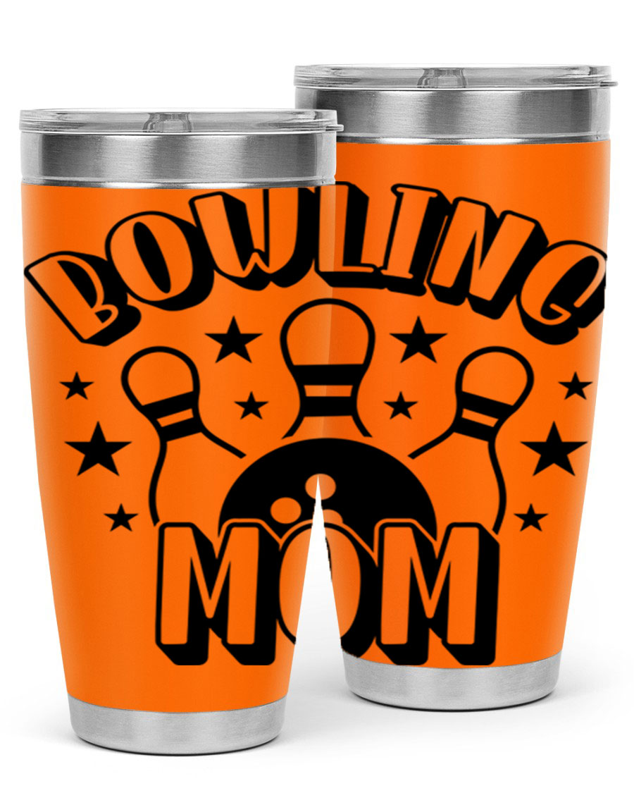 Bowling Mom 1404# Tumbler in stainless steel with vibrant print, showcasing its double wall vacuum design and drink-thru lid.