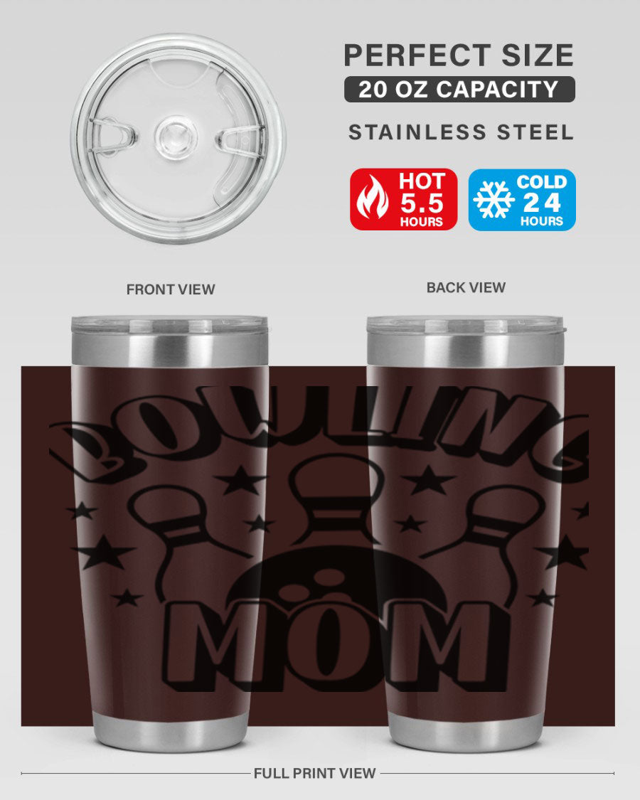 Bowling Mom 1404# Tumbler in stainless steel with vibrant print, showcasing its double wall vacuum design and drink-thru lid.