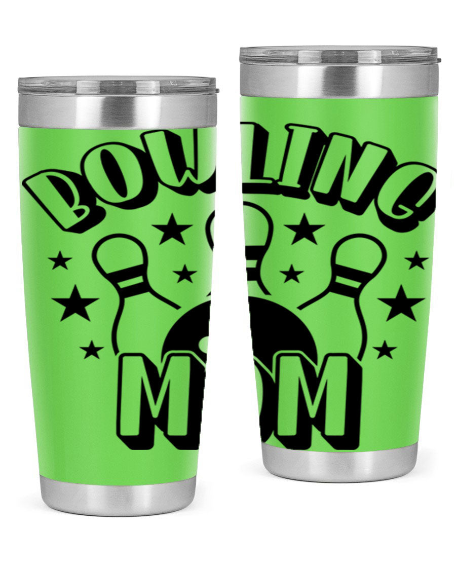 Bowling Mom 1404# Tumbler in stainless steel with vibrant print, showcasing its double wall vacuum design and drink-thru lid.