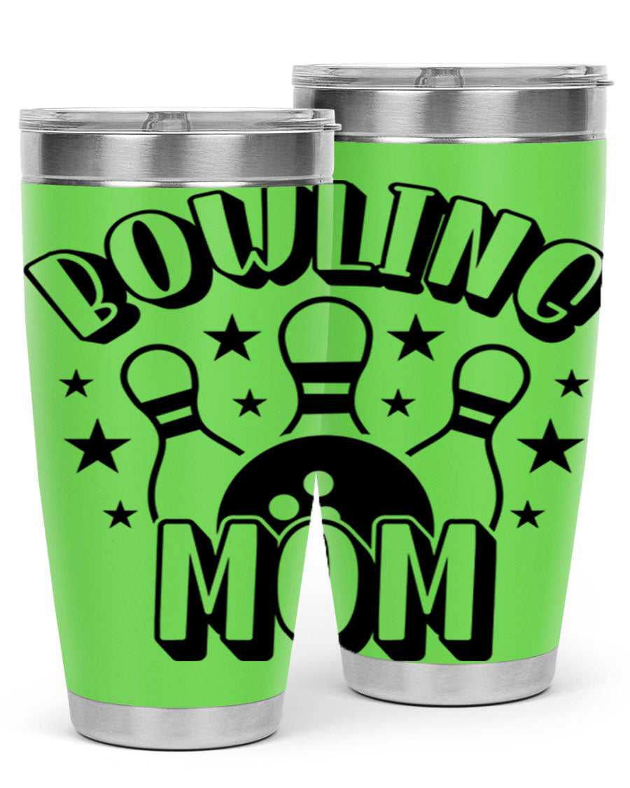 Bowling Mom 1404# Tumbler in stainless steel with vibrant print, showcasing its double wall vacuum design and drink-thru lid.