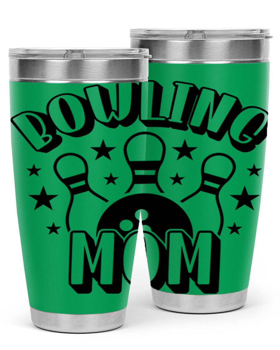 Bowling Mom 1404# Tumbler in stainless steel with vibrant print, showcasing its double wall vacuum design and drink-thru lid.