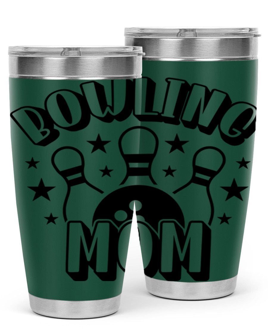 Bowling Mom 1404# Tumbler in stainless steel with vibrant print, showcasing its double wall vacuum design and drink-thru lid.
