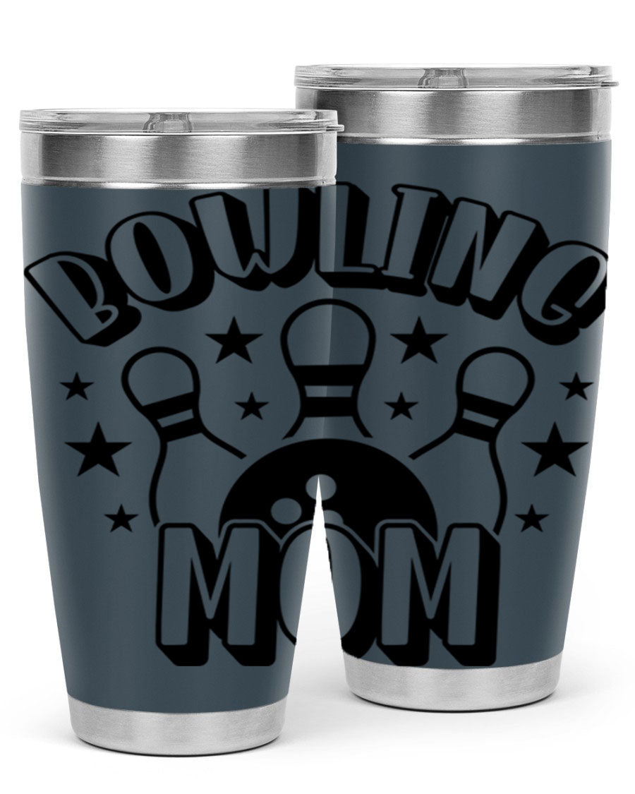 Bowling Mom 1404# Tumbler in stainless steel with vibrant print, showcasing its double wall vacuum design and drink-thru lid.
