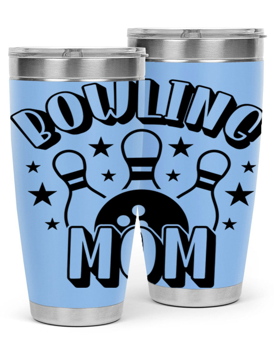Bowling Mom 1404# Tumbler in stainless steel with vibrant print, showcasing its double wall vacuum design and drink-thru lid.