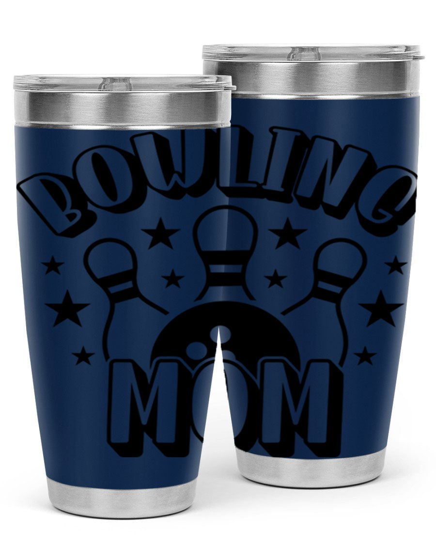 Bowling Mom 1404# Tumbler in stainless steel with vibrant print, showcasing its double wall vacuum design and drink-thru lid.